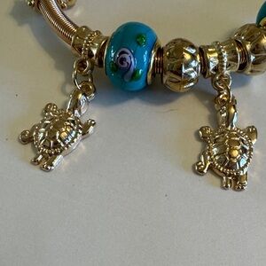 Gold and Blue Turtle Charm Bracelet